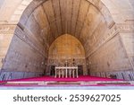 Central courtyard with iwans inside the historic Sultan Hassan Mosque and Madrassa in Islamic Cairo, Egypt. It was built between 1356 and 1363 during the Bahri Mamluk period.