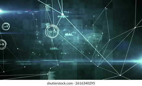Central data indicator is glowing among network lines and chart glyphs in flat technology dashboard. Futuristic, digital, interface, visualization, technology, network, data