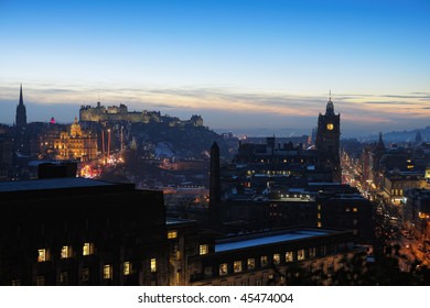 Central Edinburgh, Scotland, UK, At Nightfall In Winter