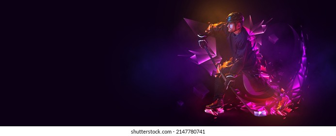 Central forward. Man, professional hockey player in protective uniform training isolated on dark background polygonal, fluid neon elements. Concept of sport, health, win, goals. Poster, flyer, banner - Powered by Shutterstock