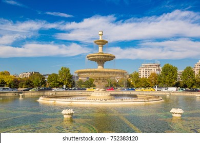 Central Fountain In Bucharest, Romania In A Beautiful Summer Day