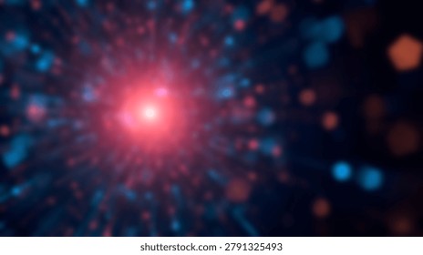 A central glowing red light source radiates bright blue and orange streaks of light with soft bokeh particles against a dark abstract background