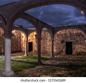 Central Hacienda Courtyard, Without Roof On A Cloudy Night. The High Jalisco. Mexico