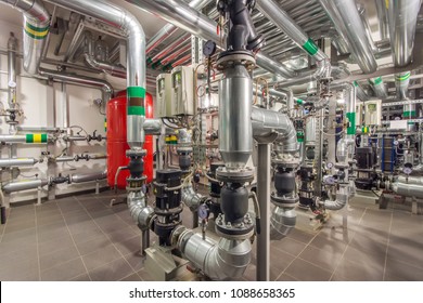 Central heating system in the basement of an large building. Pipelines, water pump, valves, manometers