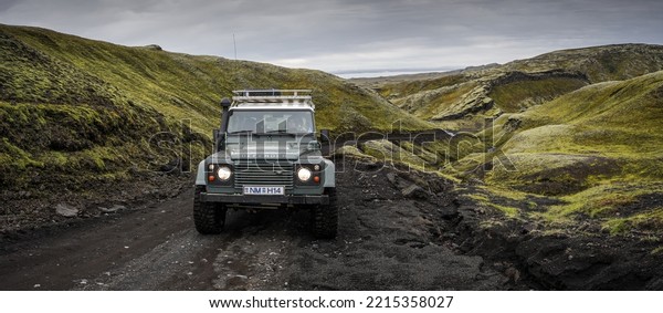 Central highlands, Iceland- 05\
september 2022 : Super jeep is driving in a remote valley of\
Iceland.