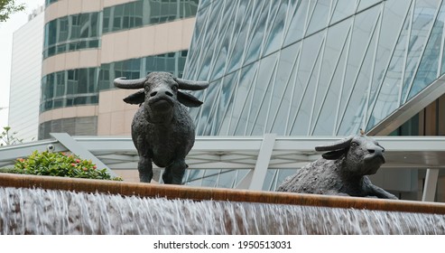 Central, Hong Kong 15 December 2020:Two buffalo statues, Exchange Square at Hong Kong Island