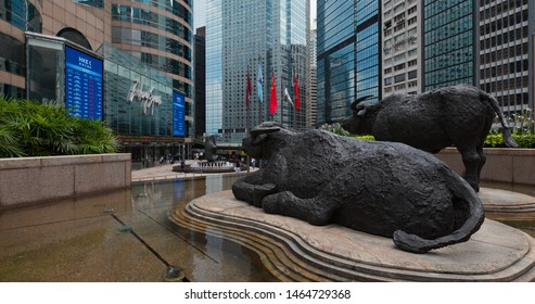 Central, Hong Kong 16 July 2019:Two buffalo statues, Exchange Square at Hong Kong Island
