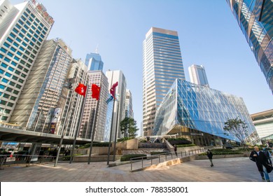 CENTRAL, HONG KONG - DEC 21, 2017: The Forum (podium level) of Exchange Square with skyscrapers in the background. It houses numerous financial institution and the Hong Kong Stock Exchange