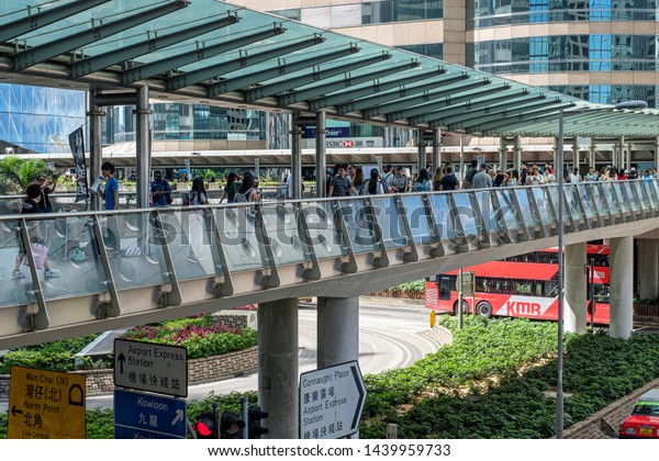 Central, Hong Kong - June 07 2019 : Public\
transport in Central district. Central is the central business\
district of Hong Kong.
