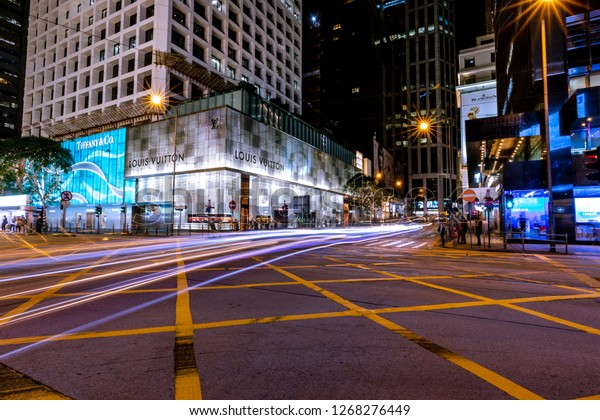 Central, Hong Kong  -\
November 30, 2018 : Hong Kong Central Business District at Night\
with Light Track