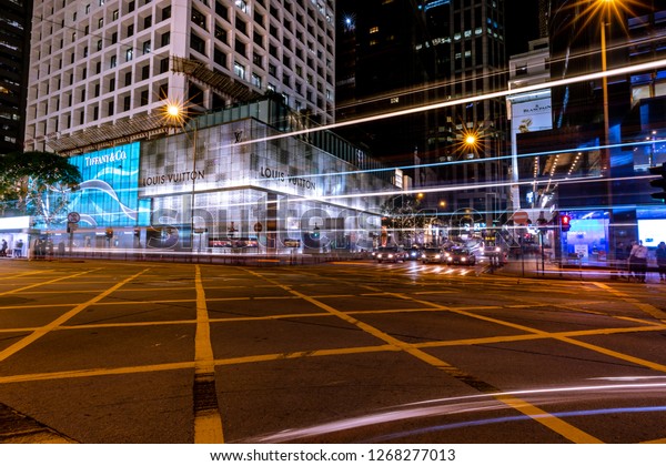 Central, Hong Kong  -\
November 30, 2018 : Hong Kong Central Business District at Night\
with Light Track