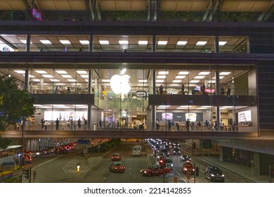 Central, Hong Kong - October 12, 2022: Night View Of Apple Store In Central District, Hong Kong, The Shop Very Popular In Hong Kong. Many People Inside The Apple Store.