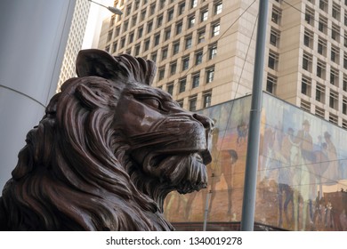 Central, Hongkong, China, 22nd, January, 2019: The Bronze Lion Statue In Front Of The HSBC Building.