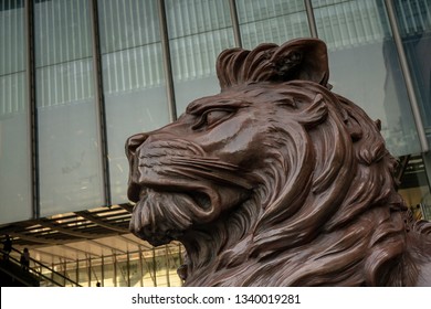 Central, Hongkong, China, 22nd, January, 2019: The Bronze Lion Statue In Front Of The HSBC Building.