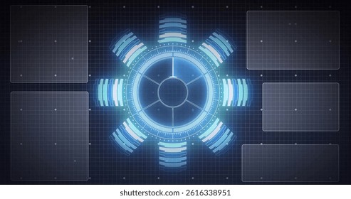 Central interface is glowing blue in flat HUD for tech with grid overlay and data panels. Futuristic, sci-fi, digital, interface, technology, high-tech, neon