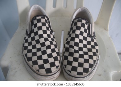 Central Java, Indonesia – November 16, 2020: Checkerboard Shoes In Magelang, Central Java, Indonesia On November 16, 2020