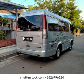 Central Java, Indonesia, October 02, 2020. Mini Buses Across The Street