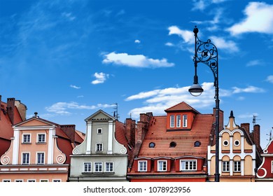 Central Market Square In Wroclaw Poland With Old Colourful Houses, Street Lantern Lamp. Travel Vacation Concept.