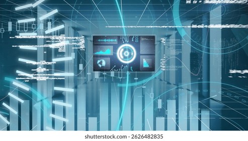 Central monitor screen floating in corridor flanked by columns, with 3D bar charts and code streams. Futuristic, hi-tech, holographic, digital, data visualization, virtual reality, immersive