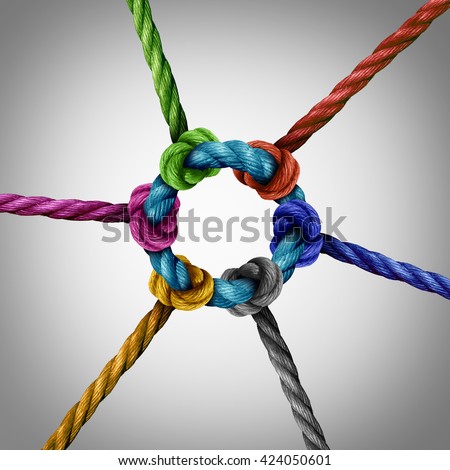 Central network connection business concept as a group of diverse ropes connected to a circle central rope as a network metaphor for connectivity and linking to a centralized support structure.