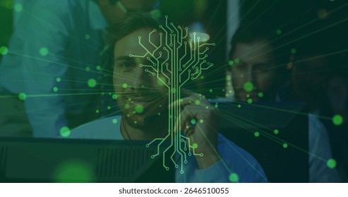 Central operator analyzing network data in operations room, with monitors and circuit-tree overlay. Technology, cyber security, data visualization, digital interface, corporate, innovation, modern