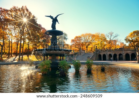 Central Park Autumn and angel fountain in midtown Manhattan New York City