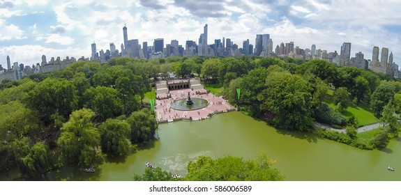 Central Park With Bethesda Terrace And Angel Of The Waters Fountain On Shore Of The Lake At Summer Day. Aerial Panorama