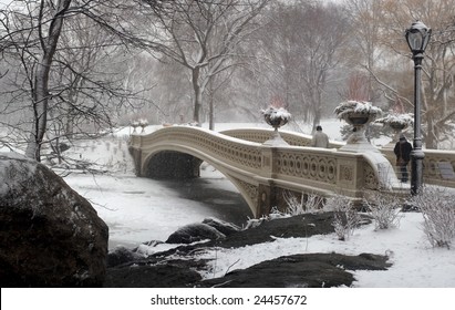 Central Park During A Snow Storm At The Bow Bridge