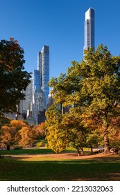 Central Park In Fall With The Skyscrapers Of Billionaires Row. Midtown Manhattan, New York City