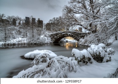 Central Park, New York City at Gapstow bridge in the early morning after snow storm