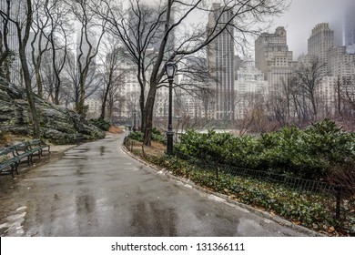 Central Park, New York City After Rain Storm On Sidewalk