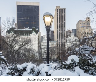 Central Park, New York City After Snow Storm Near The Plaza Hotel