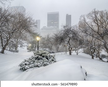 Central Park, New York City Plaza Hotel In Winter Snow Storm