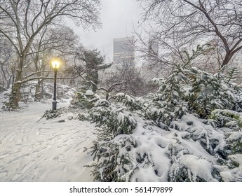 Central Park, New York City Plaza Hotel In Winter Snow Storm