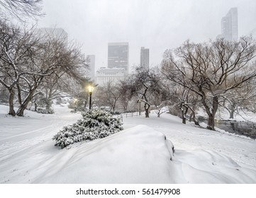 Central Park, New York City Plaza Hotel In Winter Snow Storm