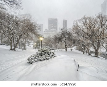 Central Park, New York City Plaza Hotel In Winter Snow Storm