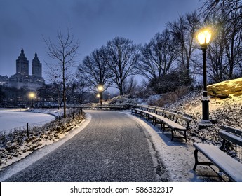 Central Park, New York City At Night After Snow Storm 