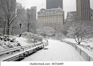 Central Park - New York City During Snow Storm In The Early Morning With Plaza Hotel In Background