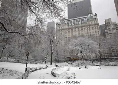 Central Park - New York City During Snow Storm In The Early Morning With Plaza Hotel In Background