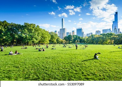 Central Park, New York, USA - 23 October, 2016: people laying on green grass.