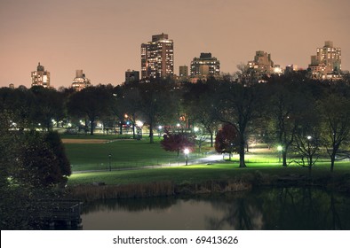 Central Park At Night In New York City.