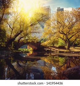 Central Park Pond And Bridge. New York, USA.