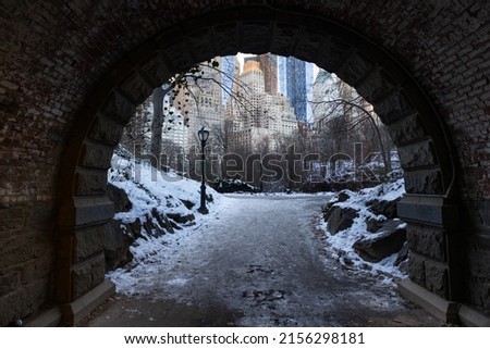 Central Park Winter View with Snow from a Tunnel in New York City