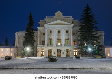 Central Part Of An Ancient Noble Mansion In Winter Night. Estate Maryino, Kursk Region