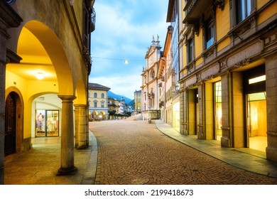Central pedestrian street and main square in Bellinzona city's Old town in the evening light, Ticino, Switzerland - Shutterstock ID 2199418673