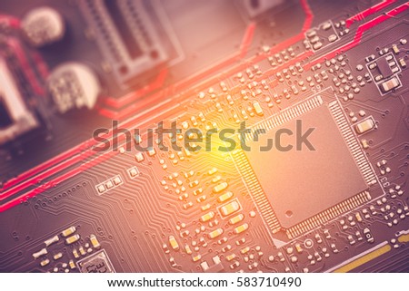 Central processing unit or CPU on a printed circuit board. CPU is the primary component of a computer that processes instructions. It runs OS and applications, constantly receiving input from users.