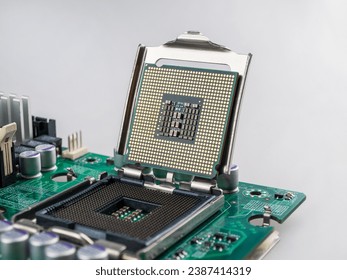 Central processing unit CPU server computer before installing motherboard socket computer components close-up