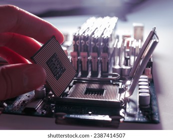 Central processing unit CPU server computer before installing motherboard socket computer components close-up