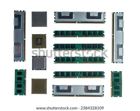 Central processing unit CPU server computer, RAM modules motherboard socket computer components, isolated on white background close-up