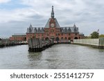 Central Railroad of New Jersey Terminal (CRRNJ) is now Statue of Liberty ferry departure point on the Hudson River in Liberty State Park, Jersey City, New Jersey.